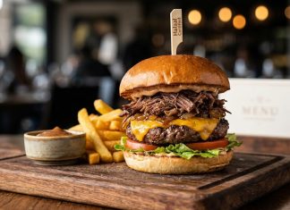 Smoked & Slow-Braised Halaal Brisket Burger with Caramelized Onions & Smokey BBQ Mayo