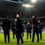 Calm before storm. Juve players inspect the pitch at Lille ahead of the Champions League encounter tonight.