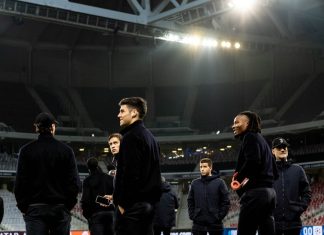Calm before storm. Juve players inspect the pitch at Lille ahead of the Champions League encounter tonight.