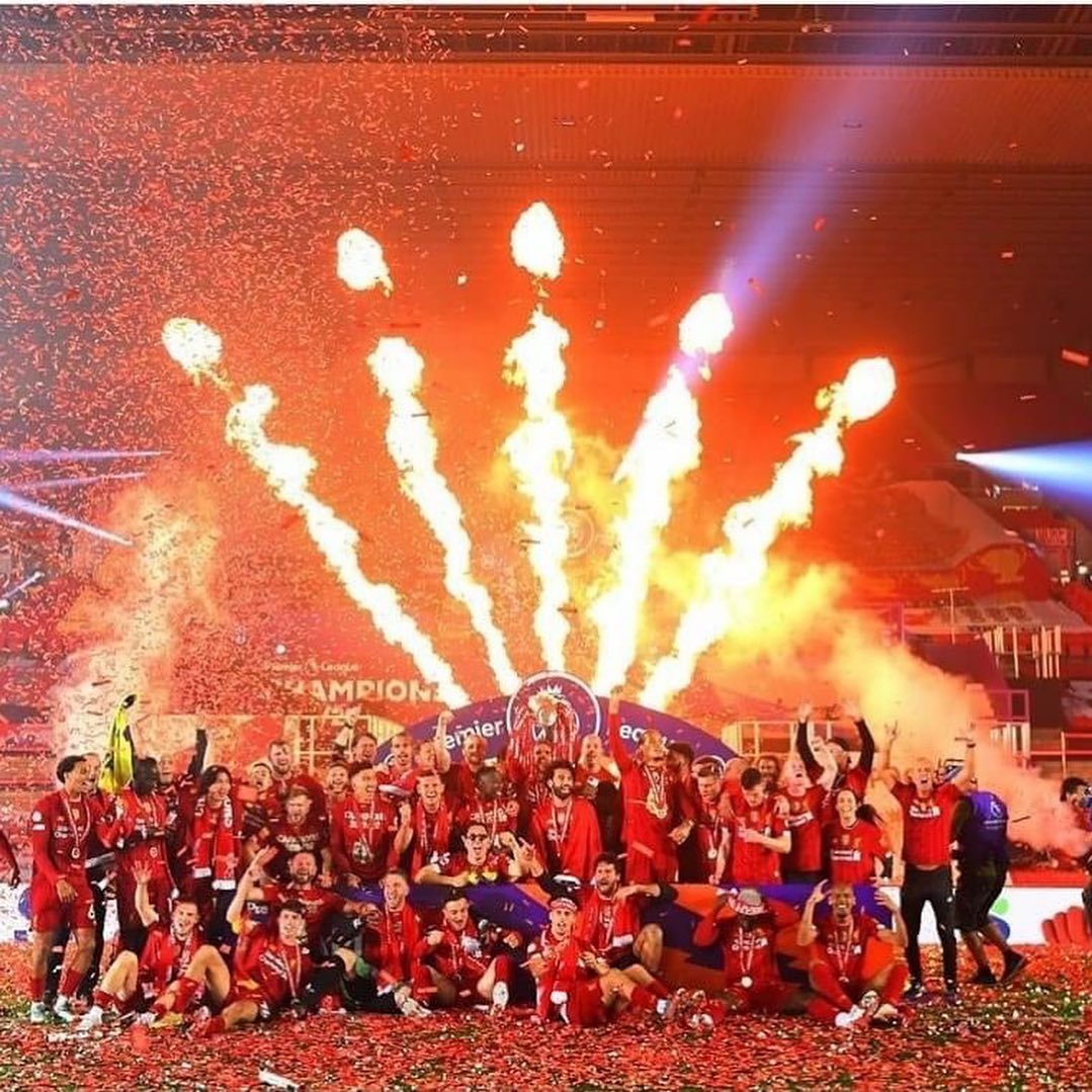 Liverpool lift the title at Anfield. Pity there was no crowd for this after 30 years. Watta season. Watta thing