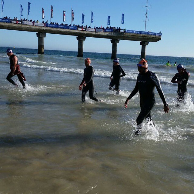 IRON MAN SA 2015-ALHAMDULILAH all our guys out of the swim. IN trsnsition and on to the bike