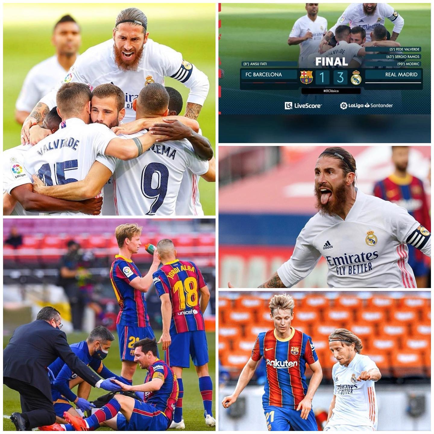 Barcelona 1 Real Madrid 3. Top Classico and well deserves Real Madrid. Why did Koeman take so long to make the changes. Messi frustrated,Ramos class. Halaaaa Madreeeed #elclasico #realmadridvsbarcelona #ramos #messi #noucamp #realmadrid #barcelona #laliga #spanishderby