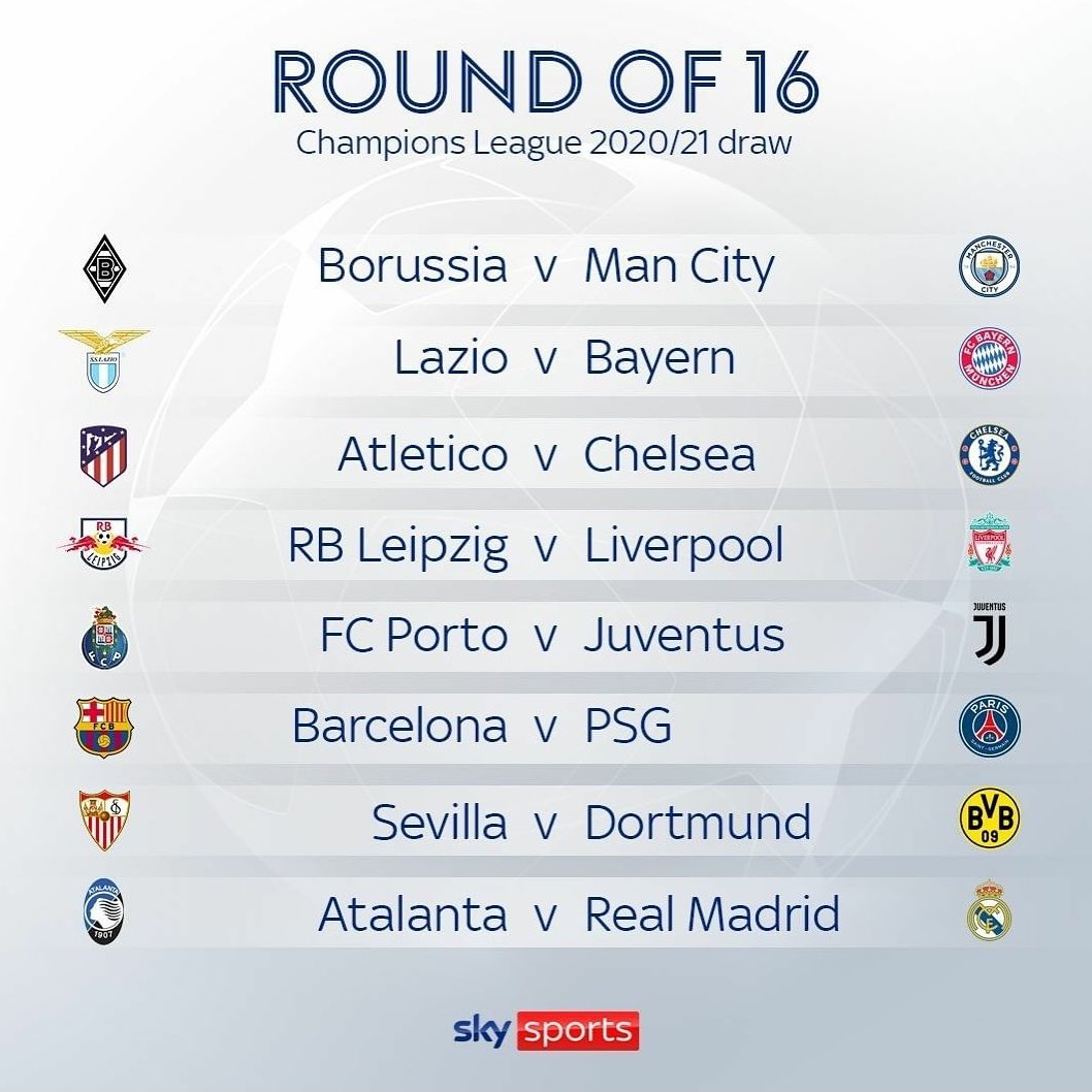 Round of 16 Draw for the Champions League. I’ll take Juve vs Porto and Liverpool vs Leipzig but will remember what happened against Lyon