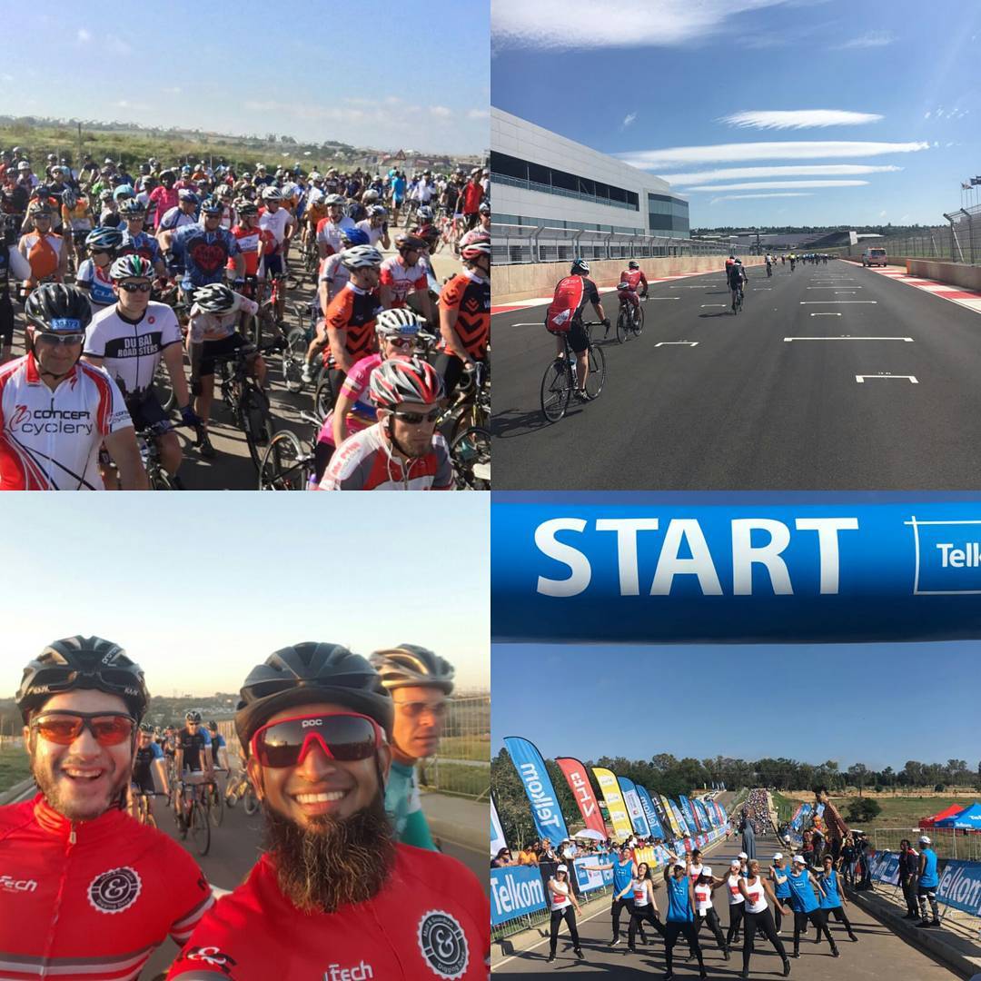 Telkom 94.7 Cycle chaklenge Underway, top left,riders wait to start, top right. Riding through Kyalami race track, (bottom left) Our very own Mohamed Baroochi finishes at 2.35 and Moaaz Omar at 2.33 #cc2016 #Telkom #94.7 #Telkom94.7cyclechallenge #Kyalami