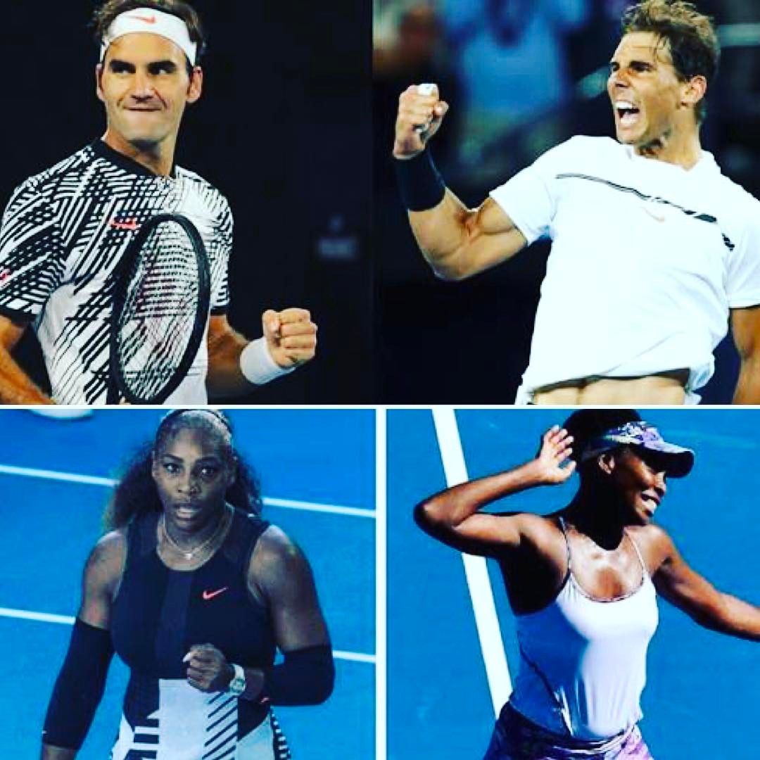 Federer vs Nadal and the William sisters in the Australian Open 2017 Final. Simply Sublime. Will it be Fed or Nadal #austrailianopentennis #ausopen2017 #federer #nadal #federervsnadal #fedexpress #vamosrafa #williamssisters #venuswilliams #serenawilliams #finalsday #austrailia #melbourne