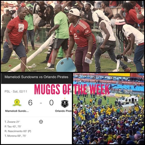 MUGGS of the Week. The Orlando Pirates Fans for storming the pitch after getting pumped 6 of the Best by Sundowns. #orlandopirates #sundowns #piratesfans #bucaneers #piratesvssundowns #piratesfansinvadepitch #psl #sasoccer