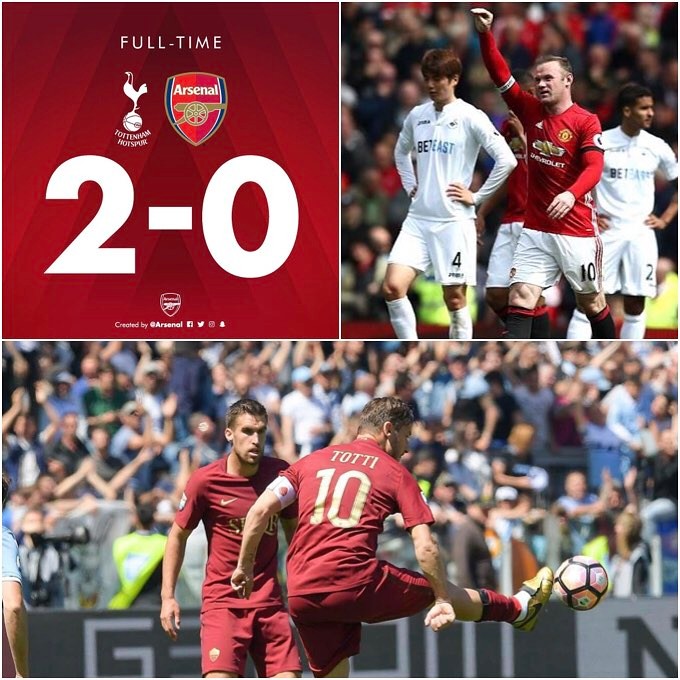 Great results for Liverpool and Juve as Roma lose the Rome Derby to Lazio, Spurs beat Arsenal and MANCS held by Swansea. Il take it 🙃️️ #manutdvsswansea #romavslazio #spursvsarsenal #totti