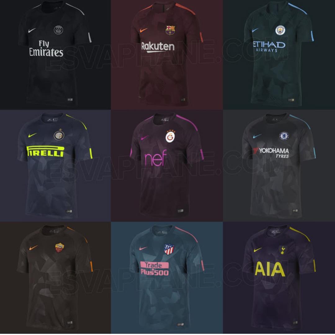 Nike releases their third kits.Your Thoughts? Clockwise from Top PSG,Barcelona,Man City,Inter,Galatasary,Chelsea,Roma,Atletico,Spurs