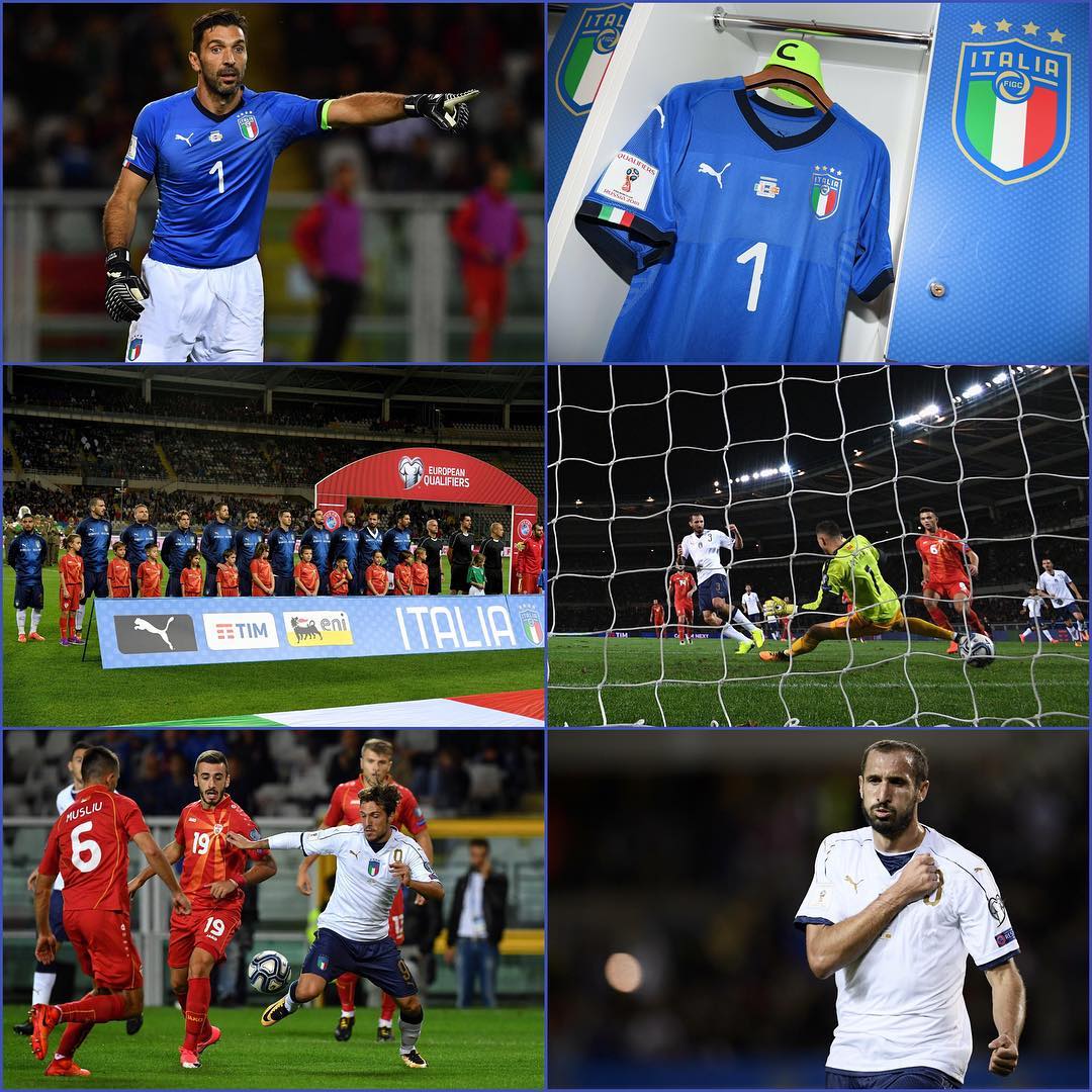 Italy 1 Macedonia 1. Italy wear the new strip and for the first time Gigi Buffon wears the Azurri Blue to debut the new kit. The rest wear white. We got the point. Now it's time to prepare for the play offs #forzaazzuri #italia #italy #italyvsmacedonia #russia2018 #fifaworldcup
