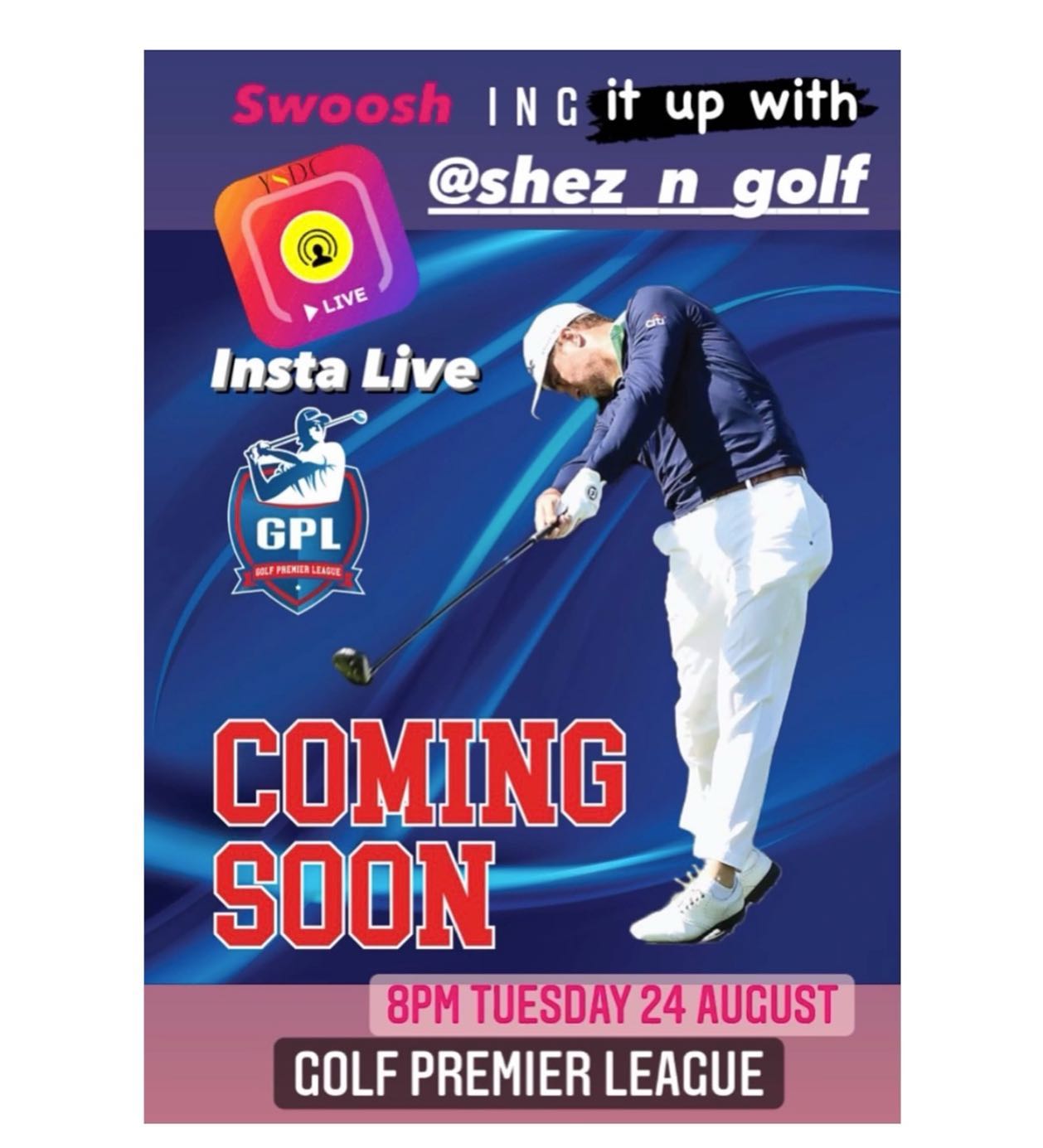 *POSTPONED till further notice Insta Live tonite with @gpl_golf and @shez_n_golf . We discuss the launch of the Golf Premier League. Tune in 8pm on Insta Live with @swoosh0018