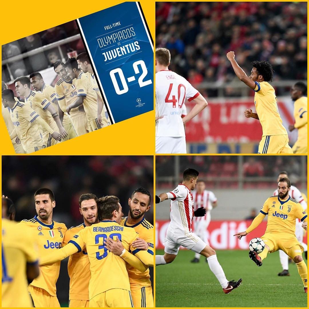 Juventus 2 Olympiacos 0. We qualify thanks to goals from Cuadrado and Benedeschki. Barsa also beat Sporting so no pressure on the night. We wait for Mondays draw. Forza Juve. First goal reached #forzajuve #olympiacosvsjuventus #juventus #bianconeri #juve #juvefans #uefachampionsleague
