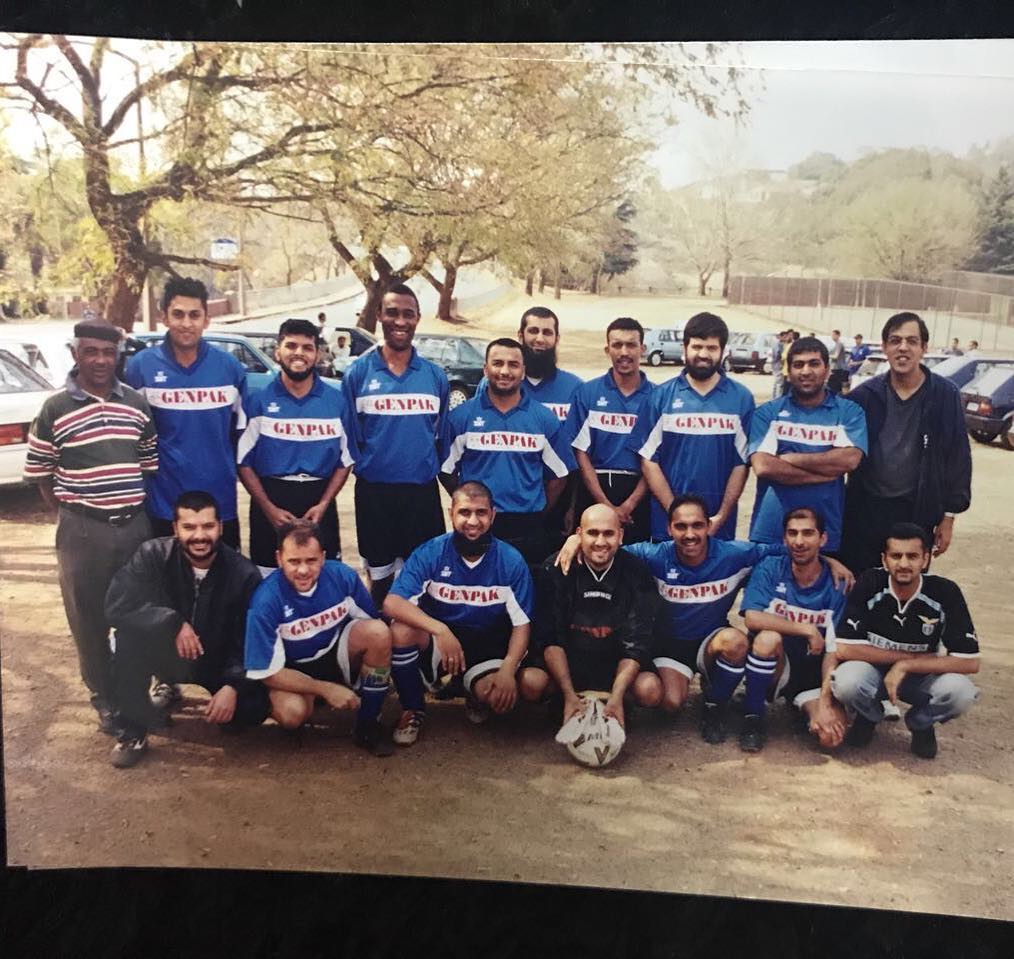 Leeds FC with our Manager Saffers aka the Gaffer. Left to Right. Uncle Bacus,Swoosh,Arshad Mohamed,Baizo,Zahed,Bodiat,Yazo,Haroon Bhayat,Khaliq, Nannies, Sitting left to Right..Firoz,Kitten,Mo Salejee,Mongratee,Saffers,Bawa, Mitten