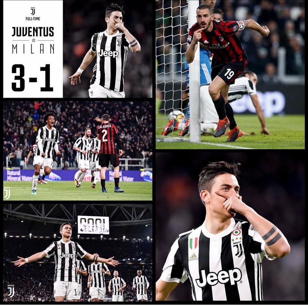 Juventus 3 AC Milan 1. Great victory with goals from Dybala,Cuadrado and Ghedira. Napoli drew so now we 4 points Clear. Forza Juve. Now we prepare for Madrid