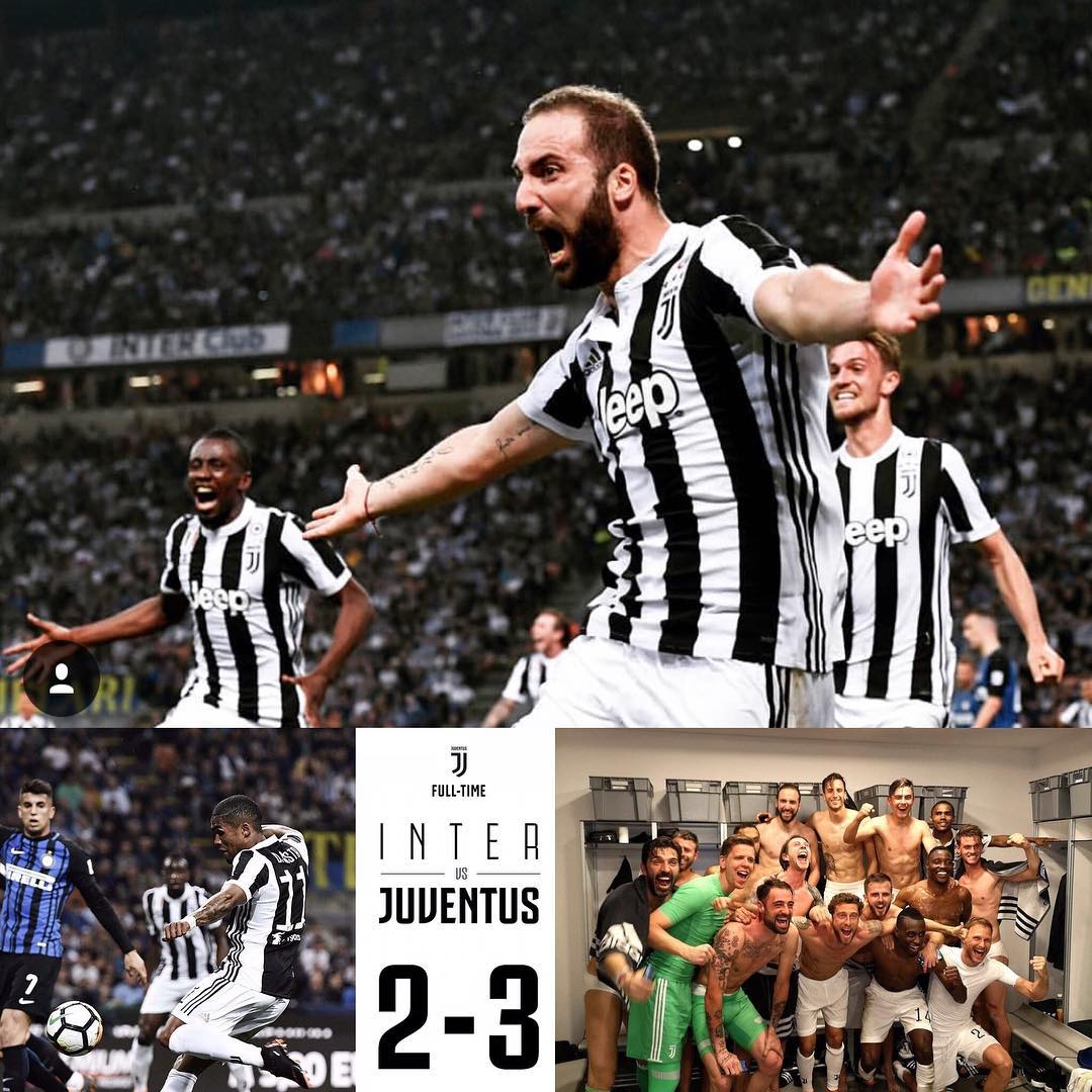 Inter Milan 2 Juventus 3. What a game. We were 2-1 Down against a Ten Men Inter. Made it 2-2 and then Higuain at the death. Now alls that left is for Napoli to falter. Forza Juve. Great Night & Victory and vital 3 points