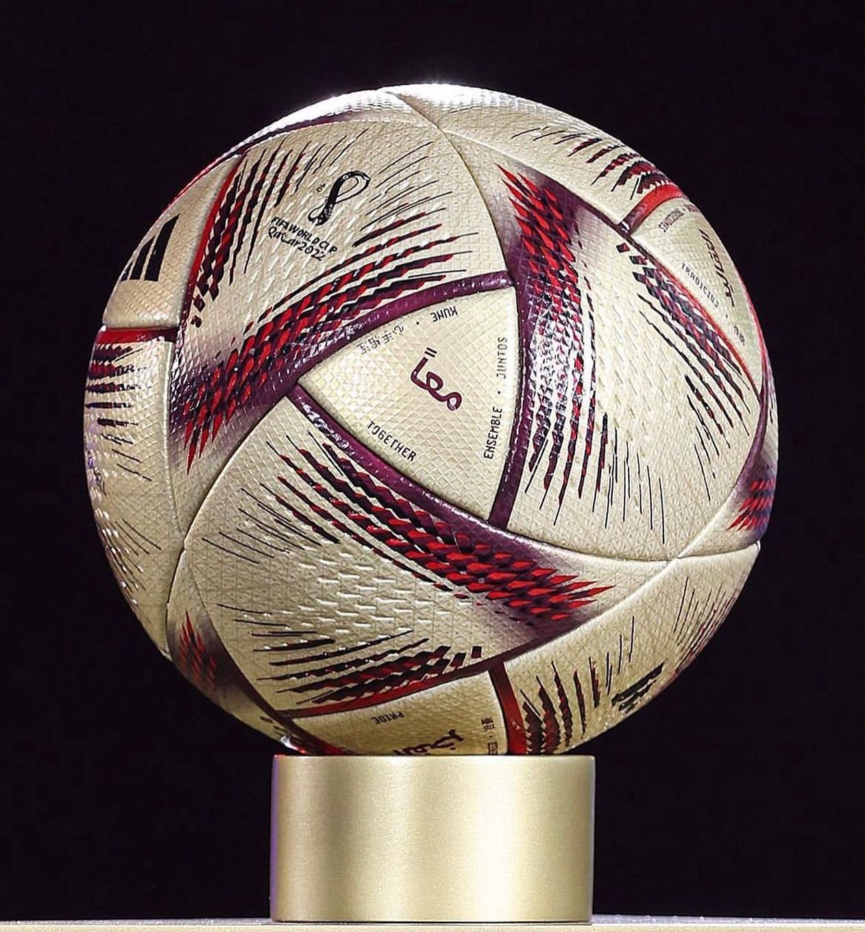 Gold Adidas Al Hilm 2022 Qatar 🇶🇦 World Cup Semi Final and final ball released. We are there. What’s your final prediction 😀 @adidasfootball @adidas . Al hilm means the dream #qatar2022🇶🇦 #qatar #qatar2022 #worldcupfinal #adidas #adidasworldcupball #alhilm