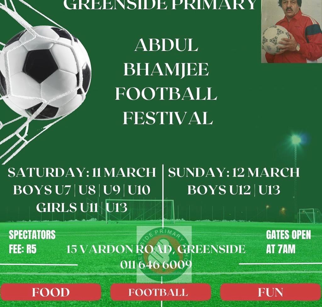 *News Flash*@mohamed.bhamjee Greenside Primary School will be hosting their annual *Football Festival on the 11th and 12th March 2023*, and would like to invite schools in Gauteng.We believe that the development of young football players plays a huge role in the future of footballand through schools like your own, have made it possible for many. We would be honoured to hostyour school at this event for the love of football._We are thrilled to inform you that we have included U11 and U13 girl teams in our football festival this year and we encourage your school to enter teams.__*Space is limited and registrations closes on the 24 February 2023*_Please don’t hesitate to contact me for any further information.Kind RegardsRuhshana Isaacs0116466009risaacs@greensideprimary.co.za
