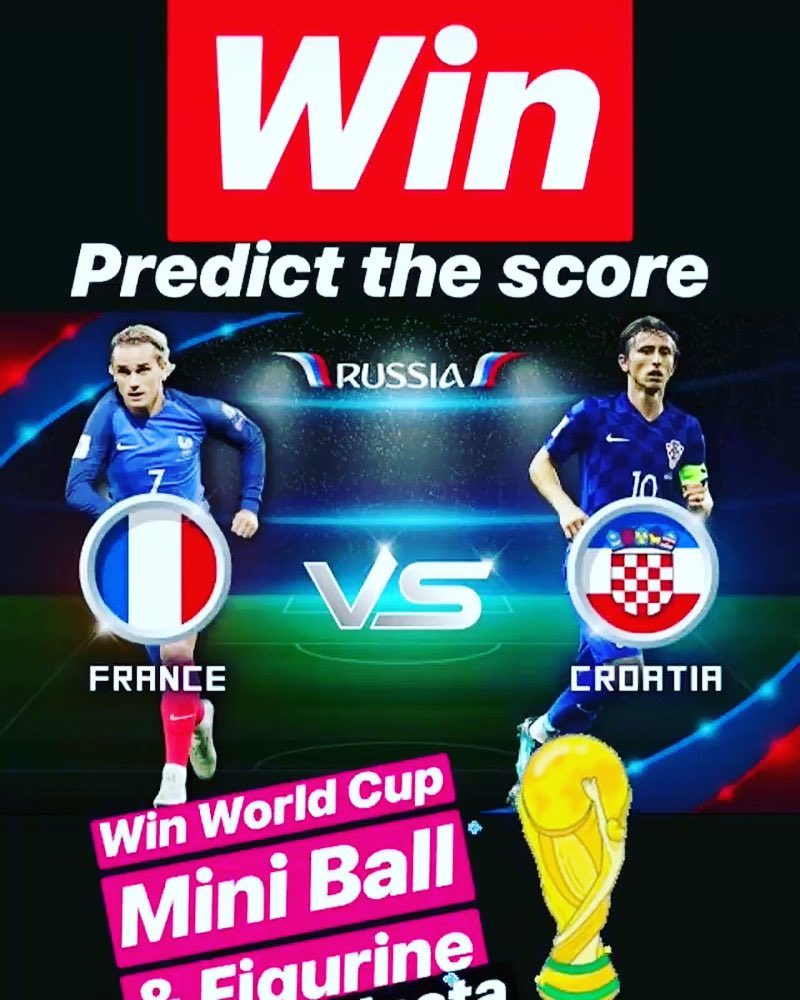 Win with our Predictor Competition and Predict the Score of the World Cup Final. You win a World Cup mini Ball and Figurine. Predict the scorer and you get an advantage #russia2018 #fifaworldcup2018 #win #competition #francevscroatia*Competition only eligible to people in South Africa