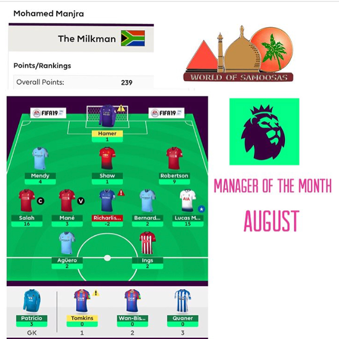 Congratulations to our August Manager of the Month The Milkman. You can collect your hamper at @worldofsamoosas .How has the Fantasy football been so far? My father Uncle Baboo WIts Underwear 2 Points begins the leader. What a Thing. Man floating on the dinner table since Eid.
