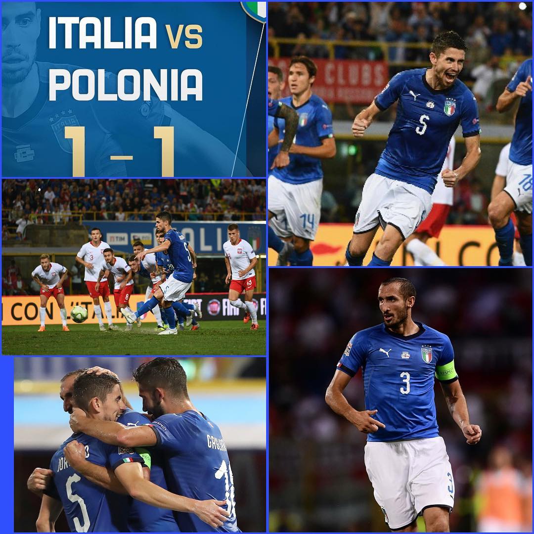 Italy  1 Poland 🇵🇱 1 in Bologna. Italy were lucky to salvage a point in their opening UEFA nations league game. They came from behind through a Jorginho penalty after Frederico Chiesa was fouled. Now it’s Portugal and CR7 on Monday night. In other games Russia  beat Turkey 🇹🇷 2-1#uefanationsleague #bologna #italy #azurri #italyvspoland #poland #italianfans #0018matchoftheday