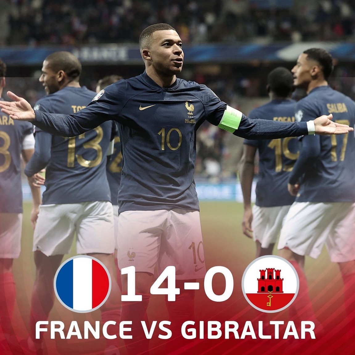 France 14 Gibraltar 0. Last time I seen a score like this when Burnley beat us in under 14 . In other games Netherlands beat Ireland 1-0. Wales in crucial draw with Armenia and Croatia win and South Africa 🇿🇦 beat Benin. Yes did you know that #euro2024 #euros #francevsgibralter #france #frenchteam #mbappe