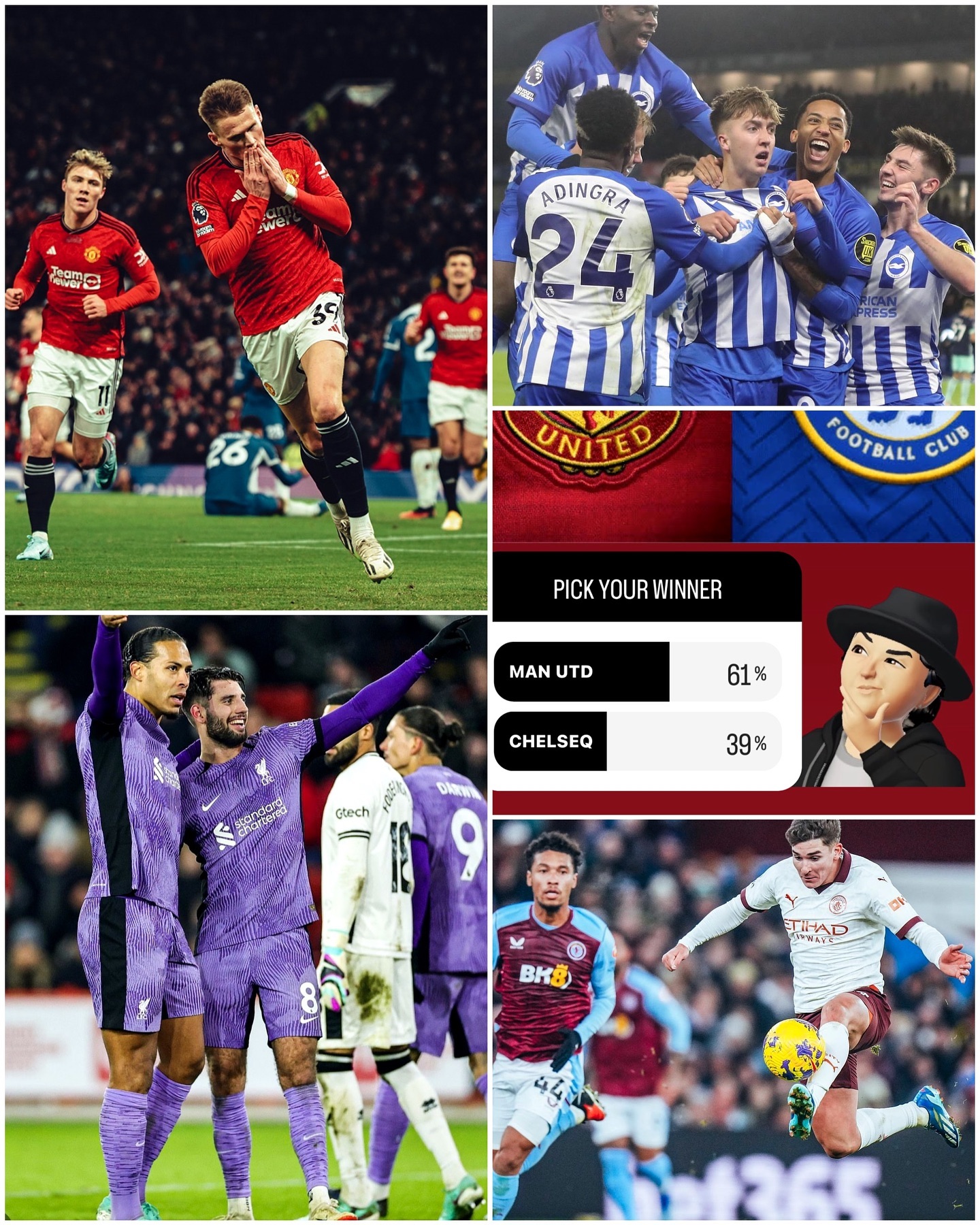 Man Utd 2 Chelsea 1. Mctominay Museeeve for the MANCS again. I thought Chelsea would beat them but to the credit of the MANCS the winner was coming. Ganacho excellent. The other big result was Aston Villa beating Citeh. Well done the Villains. Pep must be livid. Liverpool beat Sheffield UTD 2-0. Not the greatest Liverpool performance but 3 points is 3points. Forest get thumped and big win for Brighton. As per our poll our readers got it right. 61% voted for a MANC win#epl #manutdvschelsea #mctominay #astonvillavsmancity #sheffieldutdvsliverpool #brightonvsbrentford #englishpremierleague