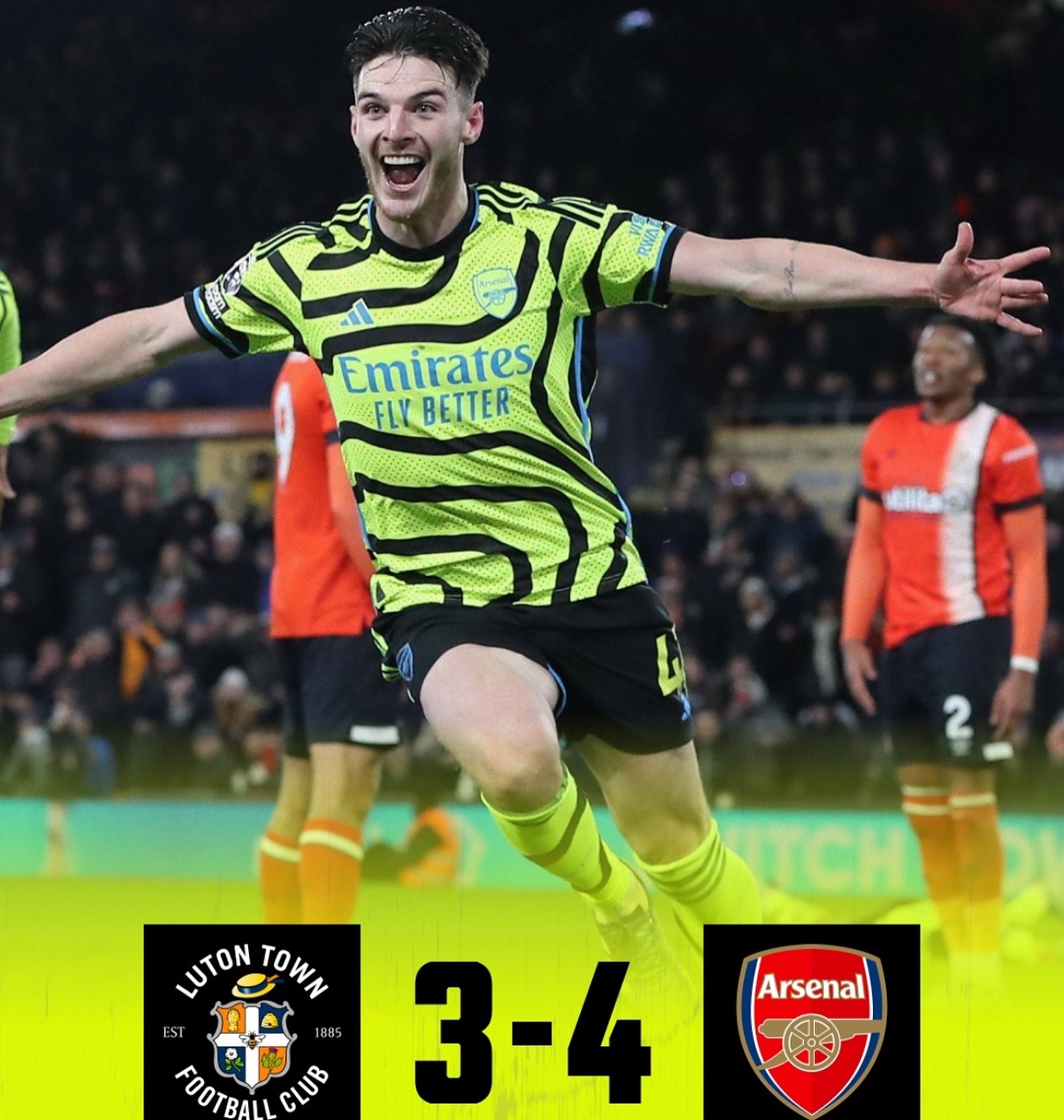 Luton 3 Arsenal 4. What a cracker at Kennilworth Road. Gunners fans having Daal Chawel (Rice) tomorow as Declan Rice headed them into a 4-3 lead. Gunners go 5 points clear. In the other game Wolves beat Burnley 1-0#epl #arsenal #gunners #hatters #luton #lutonvsarsenal #kennilworthroad #englishpremierleague
