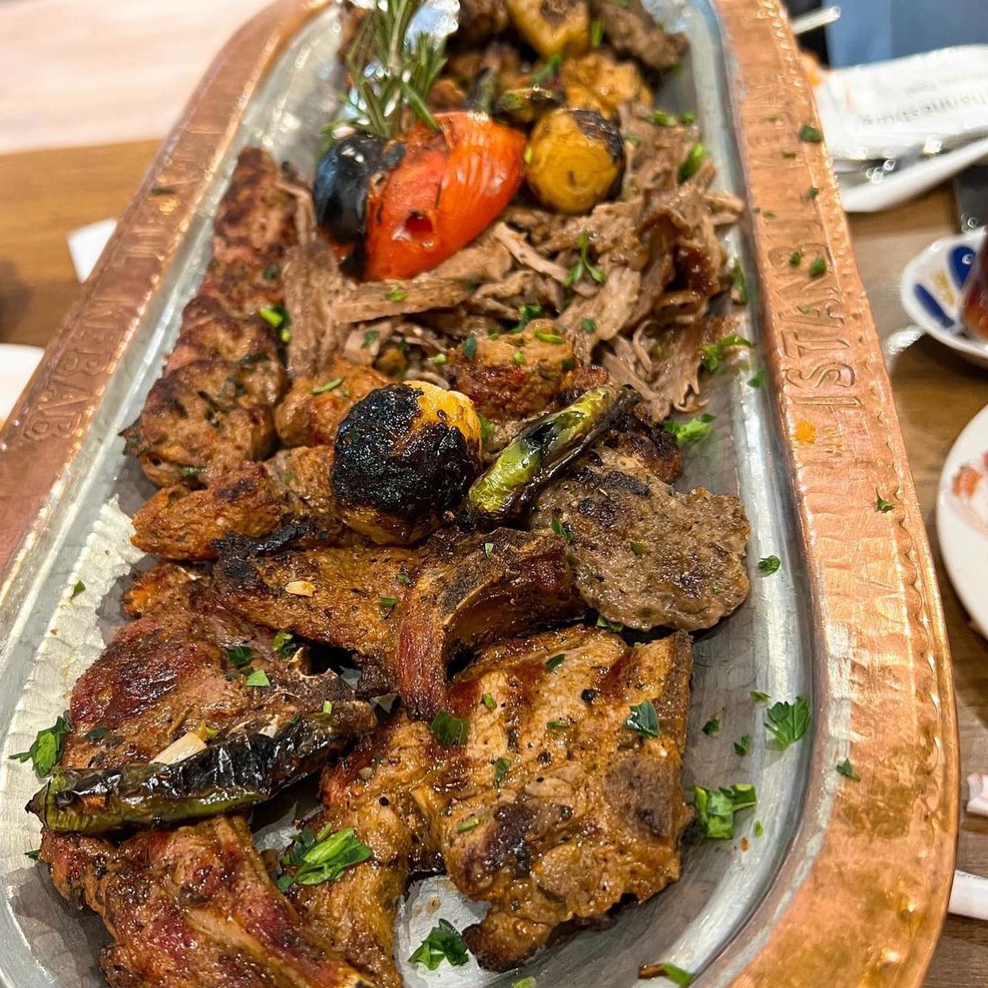 Platter at @istanbulkebab_sa  at Melrose Arch,JHB . Lahmacun as starter and a Platter for 2,Kunafe,Baklava and Turkish tea for desserts #halaal @istanbulkebab_sa #istanbul #istanbulrestaurant #turkishfood #turkishcuisine #turkishkebaabs #melrosearch #kunafe #baklava #jhbfood #halaalinjhb