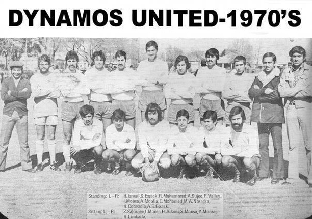 Dynamos United-1970s.The pic that kickstarted "THE LEGENDS PROJECT" in Banjos Chop back in the day @banjo_hbc . We spoke one night about who the Better Keeper was between Banjor Senior & Junior @moetivationsa . Banjo then said hold on and pulled out this pic.Standing L-R H Ismail, S Essack, R Mohammed, A Sujee, F Valley, I Moosa, A Moola, F Mohamed, MA Nosaka, H Coovadia, AS Essack. Sitting L-R. Z Saloojee,I Moosa, H Adams, S Moosa, Y Moosam R Limbada#dynamos