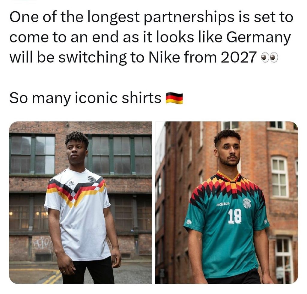 What going on in the World? How can this be? Germany  changes from Adidas to Nike? Should the Germans have stuck with Adidas or is it a good move away to their rivals. Adi Dazzler must be turning in his grave.