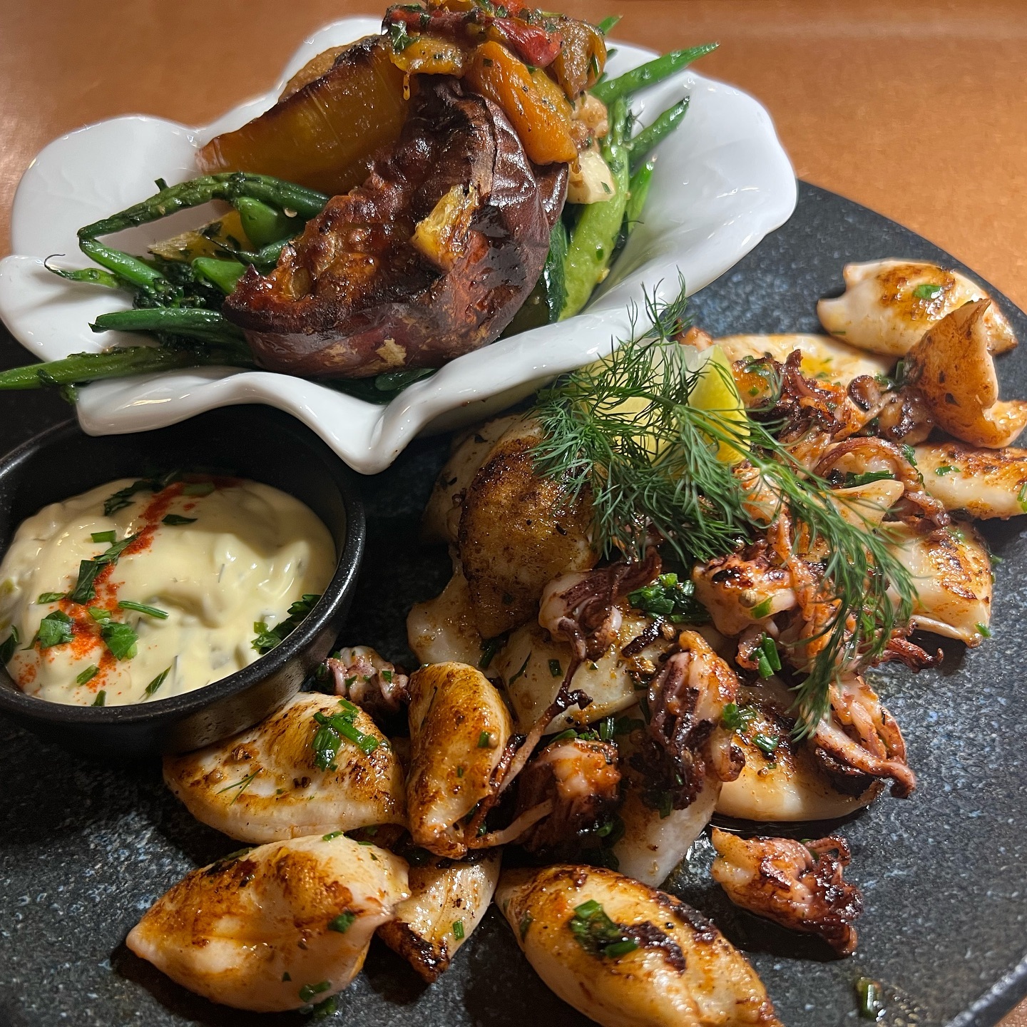 Grilled Calamari and Roasted Vegetables at Olives & Plates in Hyde Park by Steven Maloi @olives_and_plates #calamari #seafood #hydepark #olivesandplates #foodinjhb