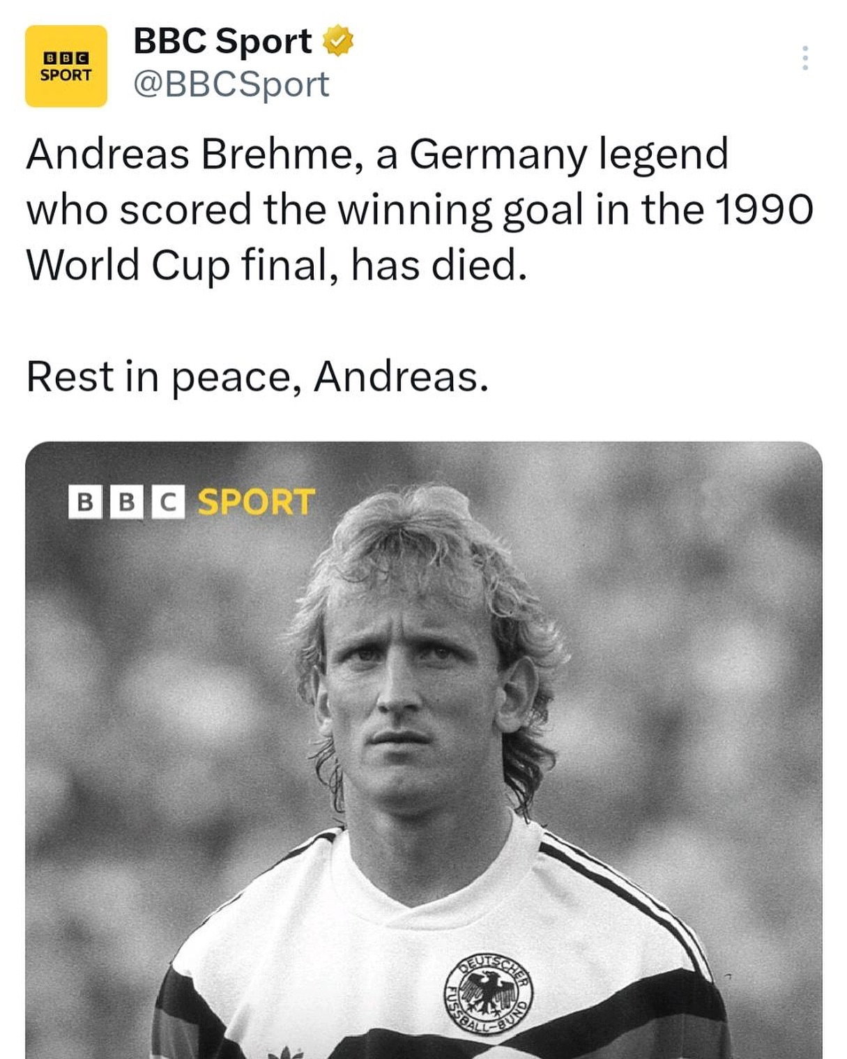 RIP Andy Brehme. How can we forget the winning penalty in Italia 90 and that curler against the Dutch