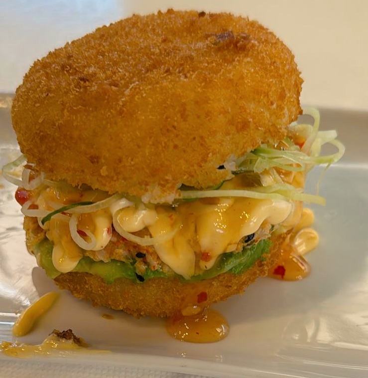 Crunch spicy prawn burger with a Tempura  bun from @nurisushifactory in Claremont, Cape Town. Have you tried this ️?