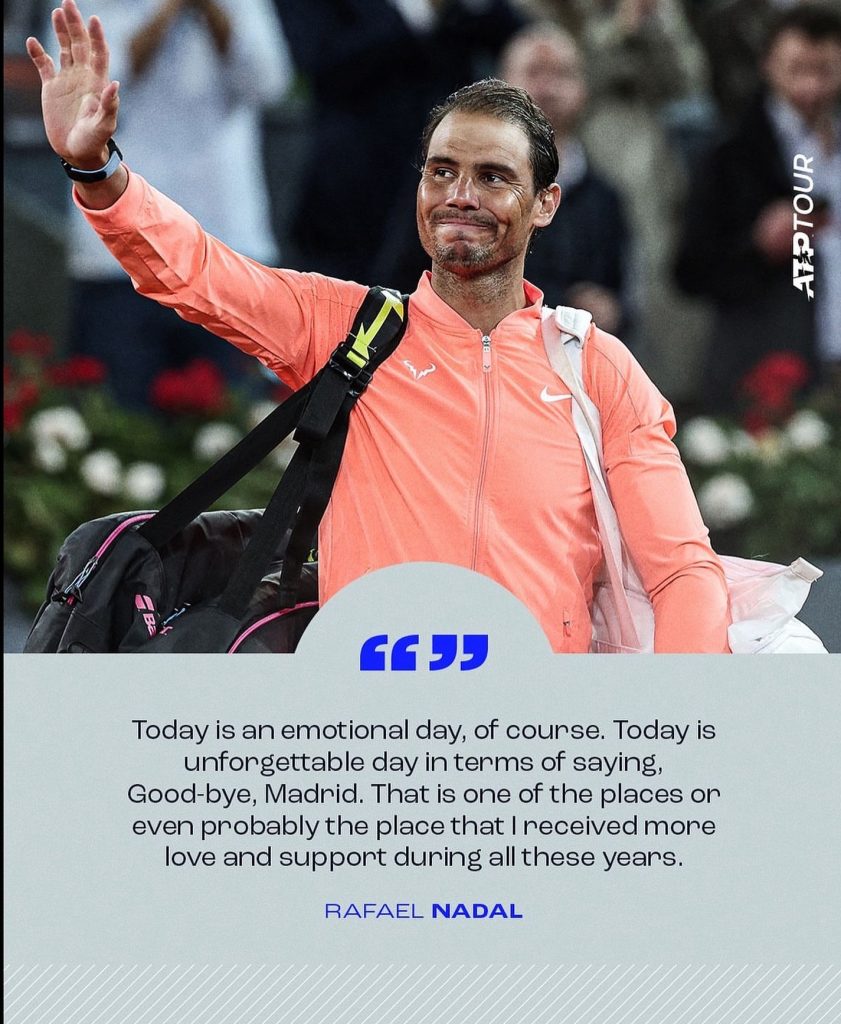 Rafa says Goodbye to Madrid. Vamos Rafa. Still a joy to watch. Now let’s go for Alcarez to win it