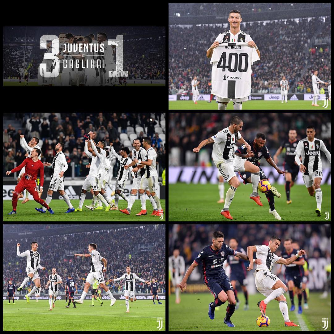 Juventus 3 Cagliari 1. Juve March on. Dybala,an own goal and Cuadrado added to Cagliaris woes on Saturday night. CR7 was also presented with a 400 captioned Juve shirt for scoring 400 goals in EPL,La Liga and Serie A. Now we wait for the MANCs in Turin and then face rivals Milan. Forza Juve. Things going well #juventus #alianzstadium #turin #juve #forzajuve #bianconeri #dybala #seriea #serieatim