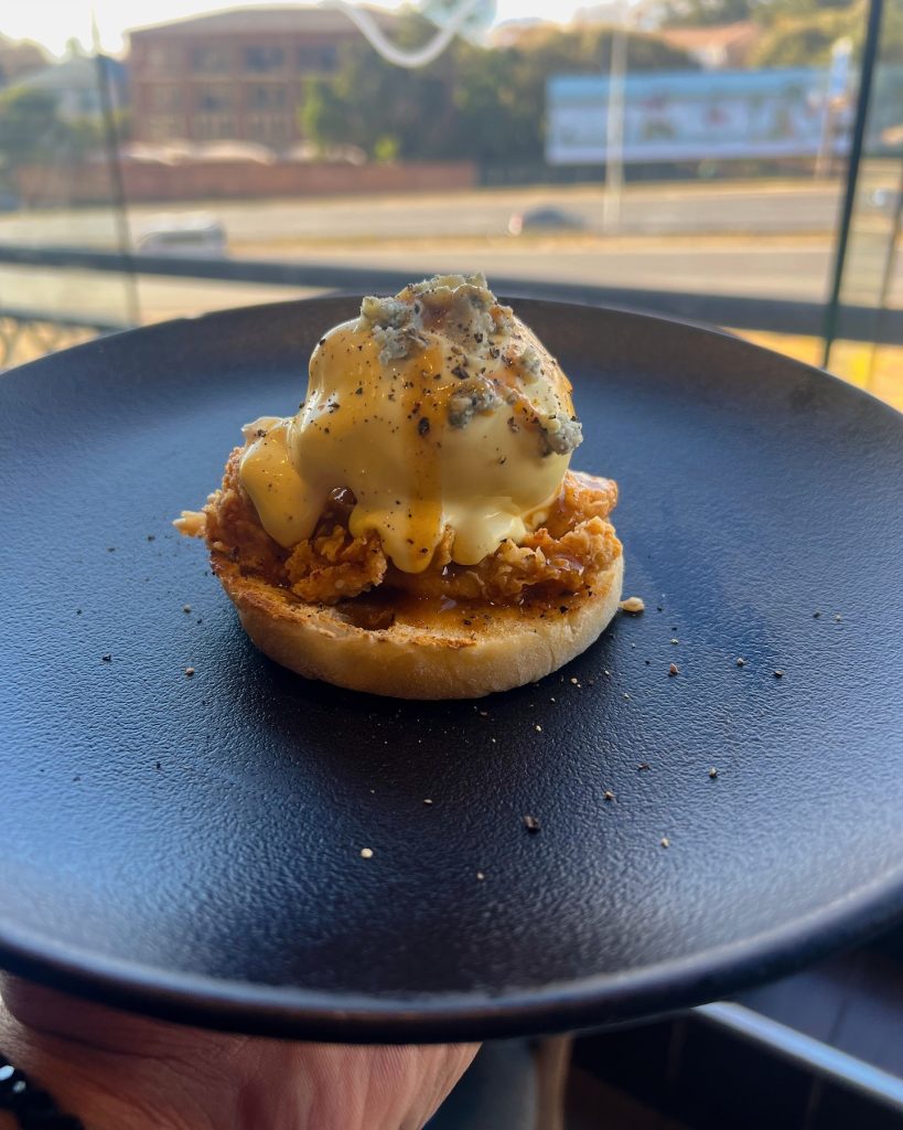 Buffalo Chicken & Blue Cheese Eggs  Benedict at @muggandbean_killarney. Sesame crusted chicken strips coated in hot sauce, blue cheese crumbles and an extra drizzle of Hot Sauce. Now available in Single and Double Options #Halaal. Have you tried this and how was it?