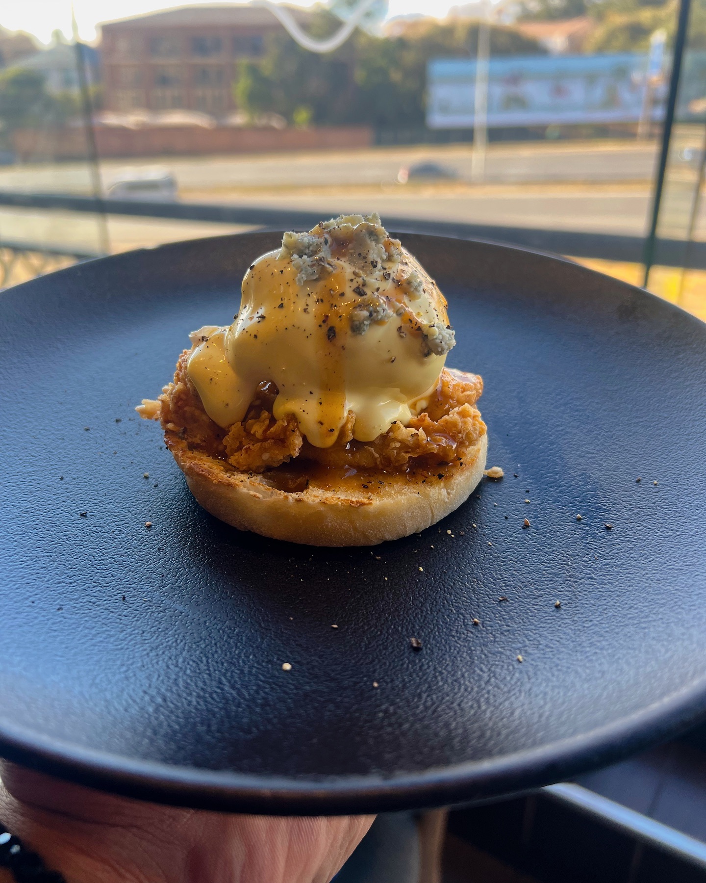 Buffalo Chicken & Blue Cheese Eggs  Benedict at @muggandbean_killarney. Sesame crusted chicken strips coated in hot sauce, blue cheese crumbles and an extra drizzle of Hot Sauce. Now available in Single and Double Options #Halaal. Have you tried this and how was it?