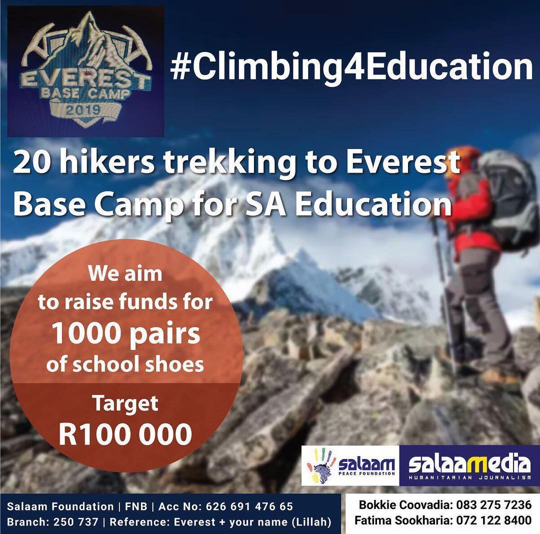 Uncle Bokkie Coovadia and his team are at Basecamp....Support this Cause (R100000) for the schools listed below1. Likubu primary school, Kroonstad2. Thabo Mpempe Primary school, Licthenburg3. Theu Theu Primary school just outside Volksrust4. Jobstown Combined Primary School, 30 km outside Newcastle5. Grassland intermediate school, BloemfonteinPlease donate to this worthy cause. #climbing4education #SAeducation #SchoolShoesSAInbox @salaamedia for Account details or if you wish to Cintribute