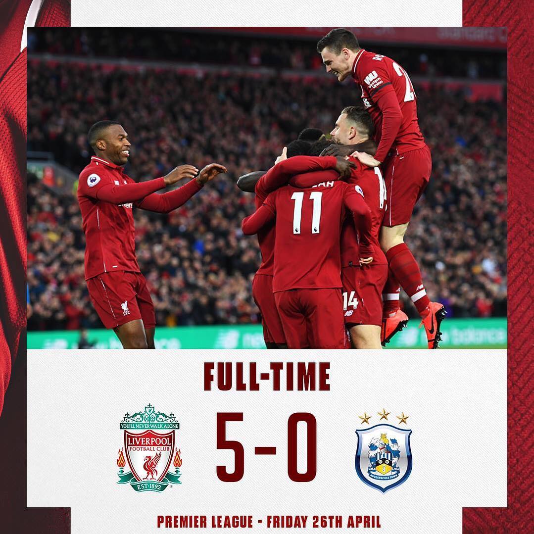 Liverpool 5 Huddersfield 0. Emphatic victory. Now can Burnley pull a result. Pressure on Citeh. Can they buckle#liverpoolvshuddersfield #ynwa #liverpool #lfc #liverpoolfans #anfield #epl #premierleague