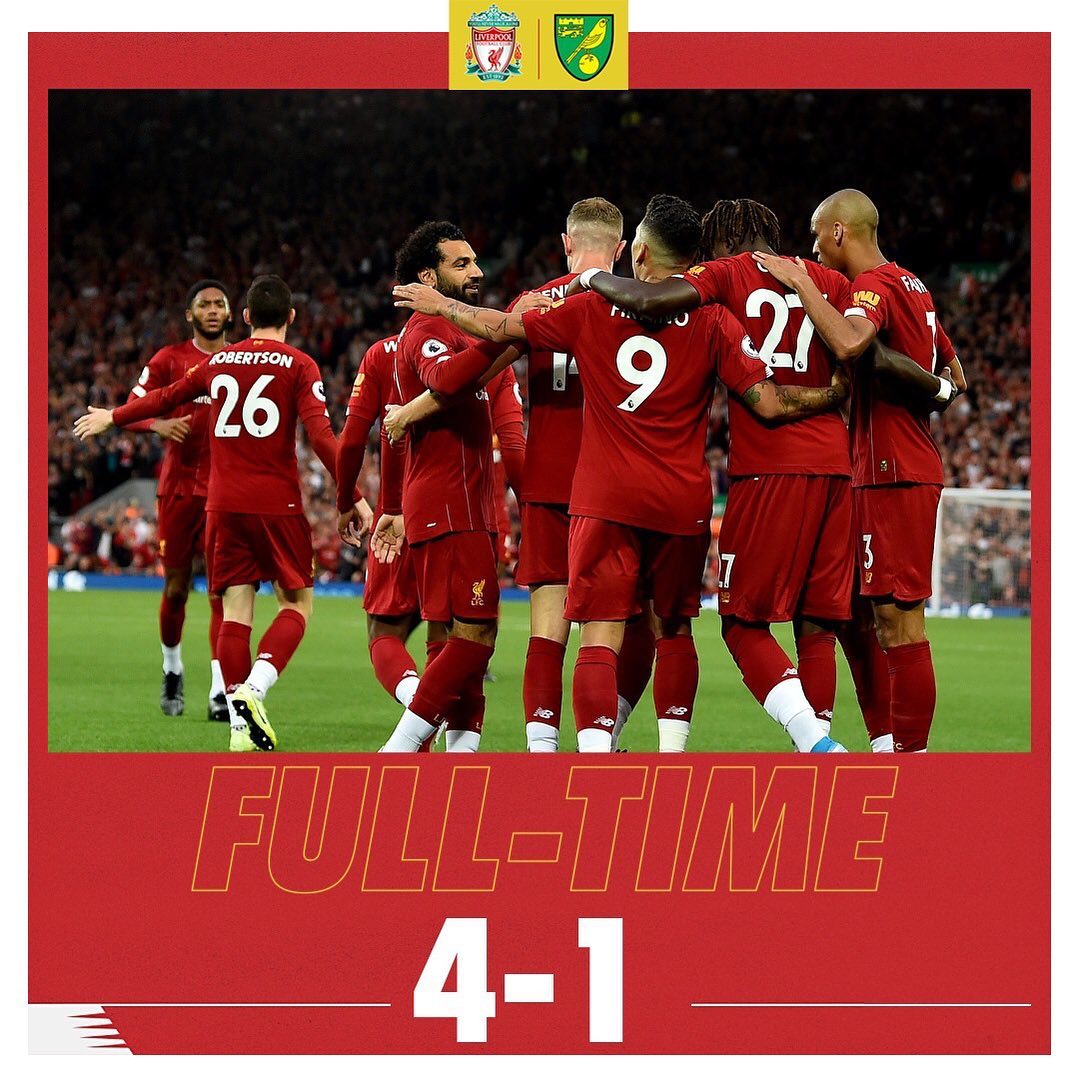 And we underway with a 4-1 Thumping of Norwich. The blow is the Allison injury but Liverpool continued where they left off. Happy tonight and happy there is football this weekend. Off to Istanbul for the European Super Cup. #ynwa #liverpool #lfc #lfcfans #liverpoolfans #liverpoolvsnorwichcity #epl #englishpremierleague