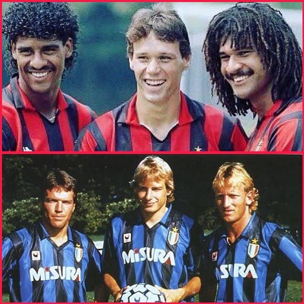 Legends that Shook the Blog.The days when many wore the Milan and Inter kits. The Dutch trio of Rikkaard,Van Bastern & Gullit for AC Milan the German trio of Matthaus,Klinsman and Brehme. By the way the San Siro Derby was on Sunday night and inter won 2-0. #acmilan #intermilan #sansiro #sansiroderby #rijkaard #gullit #vanbasten #klinsman #matthaus #brehme #seriea #dutchvsgermany #holland #germany