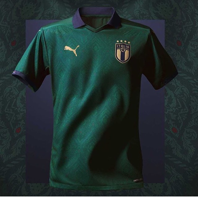 Puma unveil the Italy Renaissance Jersey. The kit draws inspiration from the Renaissance period to celebrate the fresh generation of talent. The green color dates back to the “Maglia Verde” green jersey worn vs Argentina in 1954 in Rome. Some reports are saying that Italy will wear the jersey against Greece at the Stadio Olympico. What are your thoughts