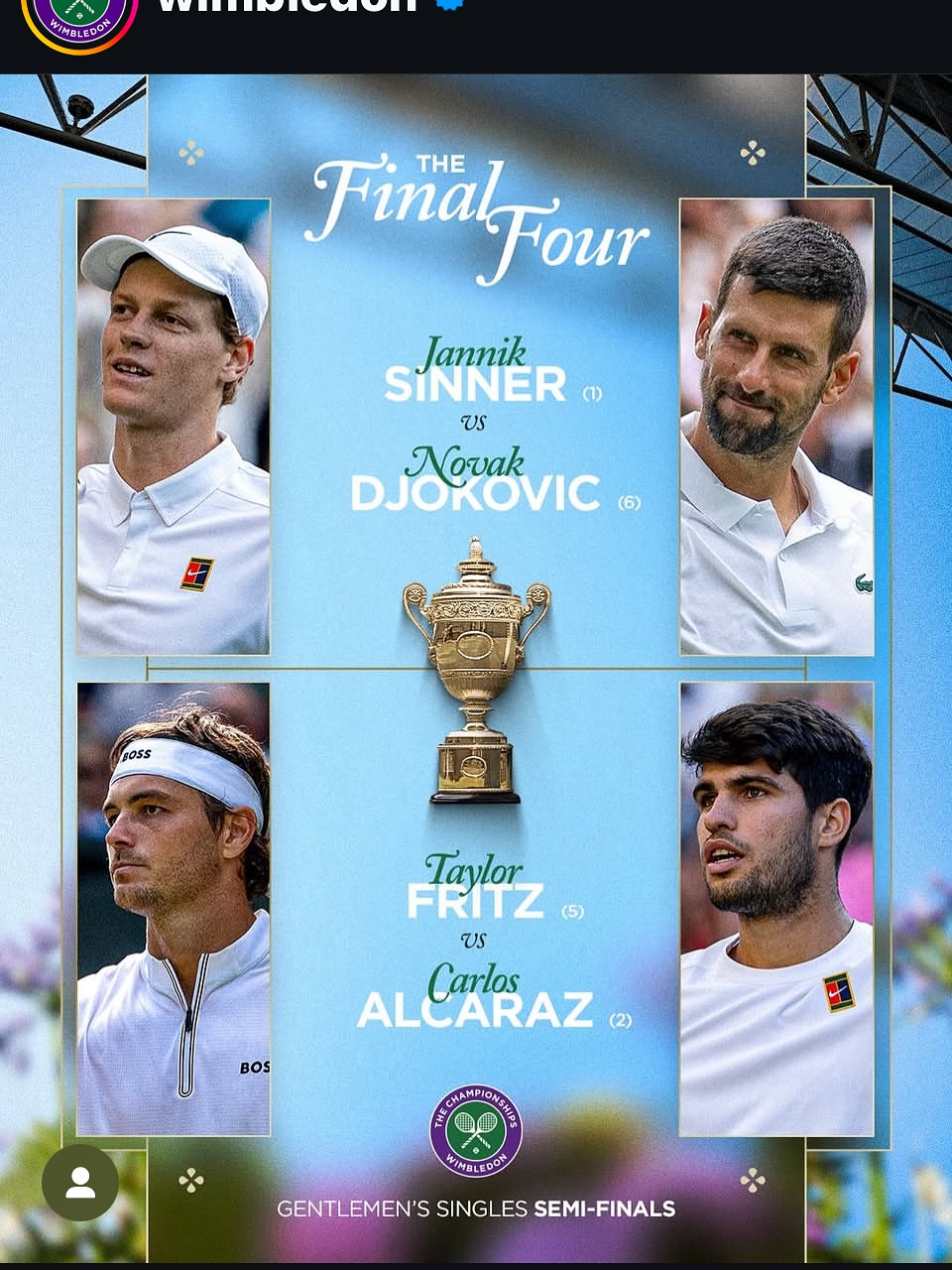 The Semi Final draw is set. Who’s your Favourite? I’m going for Alcaraz and Sabalenka #wimbledon #alcaraz #sabalenka