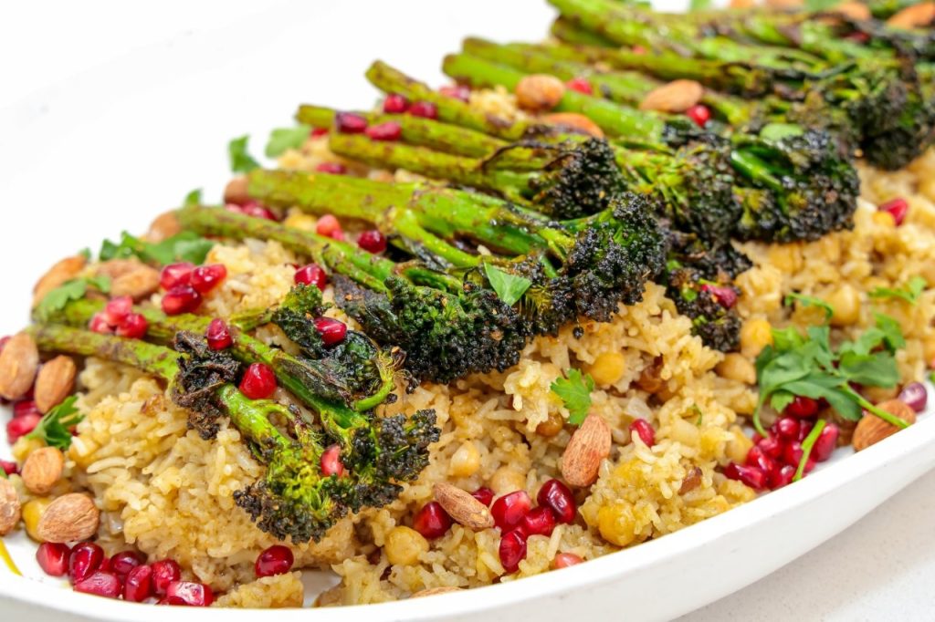 Spiced Middle Eastern Tenderstem® broccoli & Chickpea Pilaf with Pomegranate Molasses