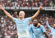 The Scoreline reads Man Utd 0 Man City 1. Haaland goal, foden red Card Manchester is blue