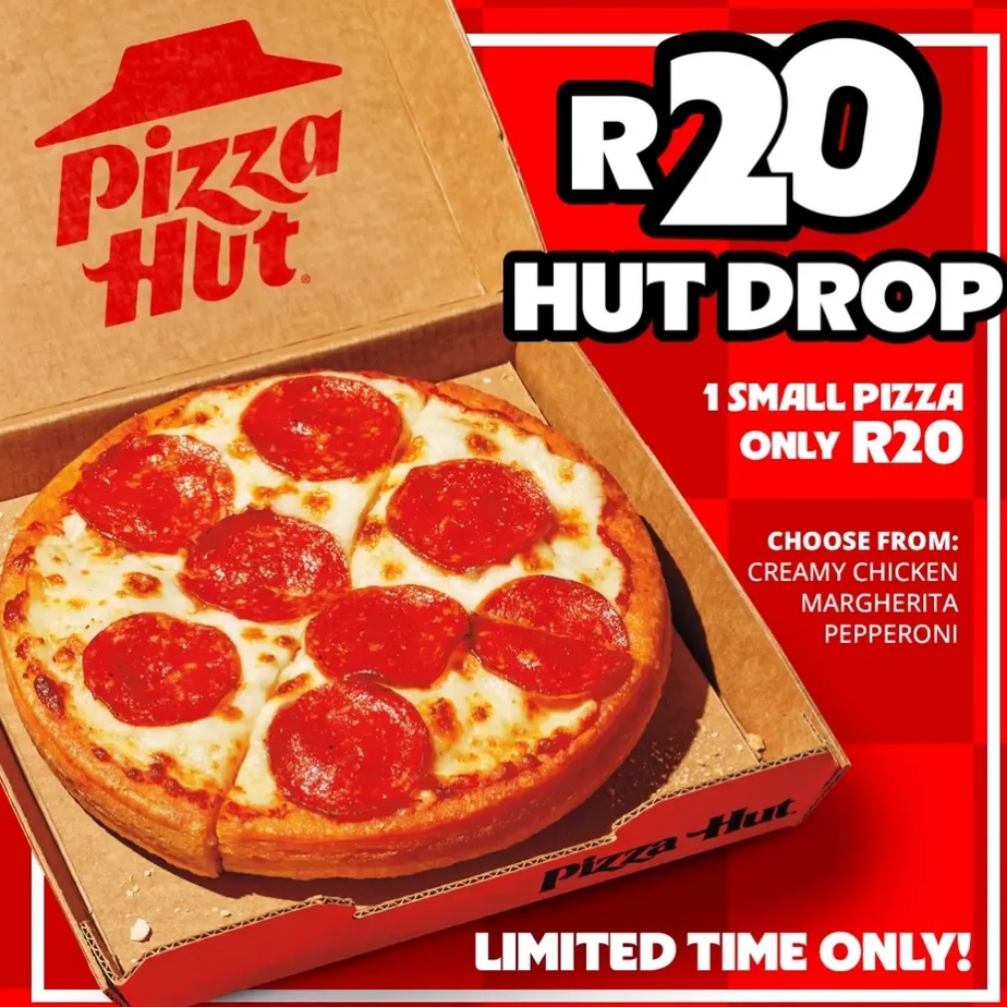 Sublime Special of the Week. The Pizza Hut drop @pizzahutza . Now this is a Sublime DealFrom @pizzahutza HUT YEAH! It's the R20 Hut Drop! 😎🥳 Choose 1 small Margherita, Pepperoni or Creamy Chicken and you're basically stealing your lunch! #R20Steal #PizzaHut #20BuckHutDropT's & C's apply: limited time / while stocks last / Subject to change without notice / Only three flavours in a small pizza / between 11 am and 3 pm / 14-17 Sept / Only available online and in-store#sublimedealoftheweek #pizzahut #pizahutr20drop #pizzahutdeal #halaalpizzahut