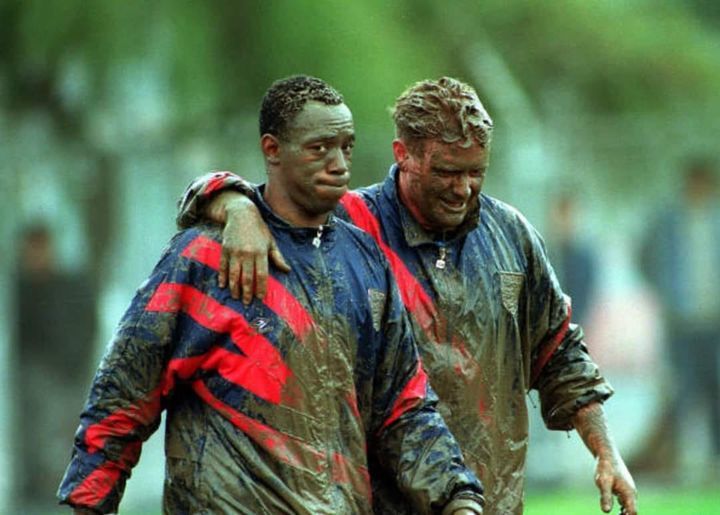 Ian Wright and Gazza after a Muddy England training session#legendsthatshooktheblog #instagrampicoftheday #ianwright #gazza #england