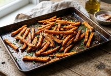Recipe-Classic Crispy Sweet Potato Fries Homemade crispy sweet potato fries on a baking sheet")