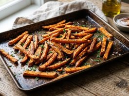 Recipe-Classic Crispy Sweet Potato Fries Homemade crispy sweet potato fries on a baking sheet")