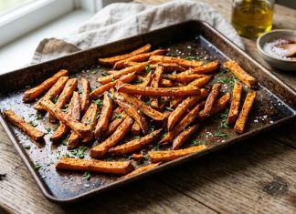 Recipe-Classic Crispy Sweet Potato Fries Homemade crispy sweet potato fries on a baking sheet")
