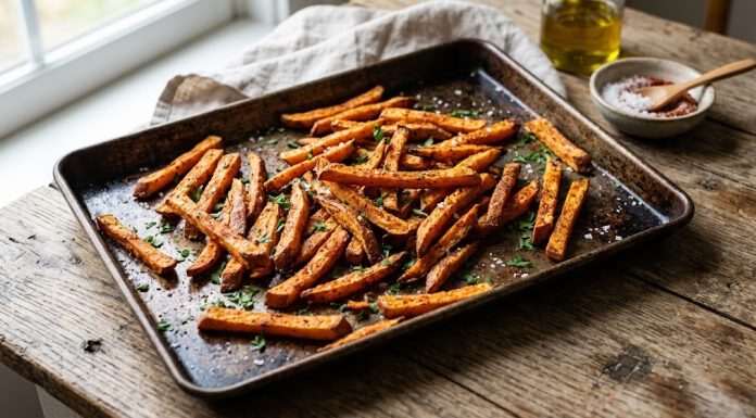 Recipe-Classic Crispy Sweet Potato Fries Homemade crispy sweet potato fries on a baking sheet")